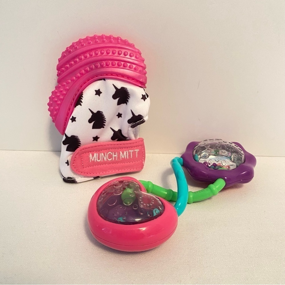 Malarkey Kids Munch Mitt Teether Unicorn/ Bright Start Rattle & Shake Barbell
